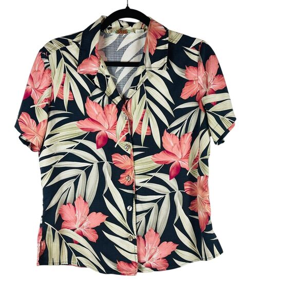Tommy Bahama Shirt Womens Medium Navy Pink Floral Silk Hawaiian Button Up - Picture 1 of 9